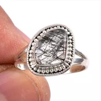 Natural Black Rutile Gemstone 925 Solid Sterling Silver Jewelry Ring Size 7 p3k76