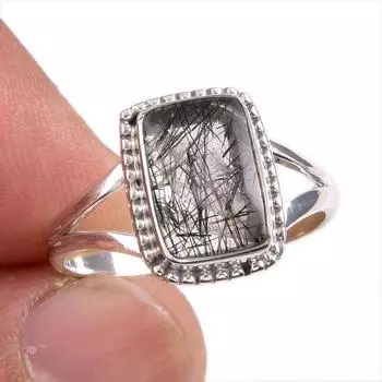 Natural Black Rutile Gemstone 925 Solid Sterling Silver Jewelry Ring Size 9 Y3f31