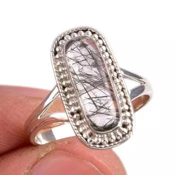 Natural Black Rutile Gemstone 925 Solid Sterling Silver Jewelry Ring S.8.5 m0W48