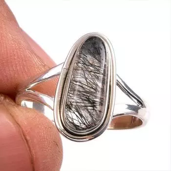 Natural Black Rutile Gemstone 925 Solid Sterling Silver Jewelry Ring S.9.5 V0m82
