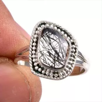 Natural Black Rutile Gemstone 925 Solid Sterling Silver Jewelry Ring Size 8 e3b34