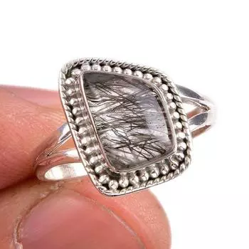 Natural Black Rutile Gemstone 925 Solid Sterling Silver Jewelry Ring S.8.5 f6p70