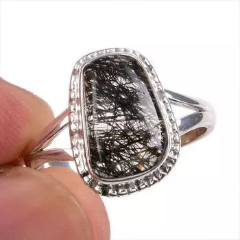 Natural Black Rutile Gemstone 925 Solid Sterling Silver Jewelry Ring S.8.5 B9e07