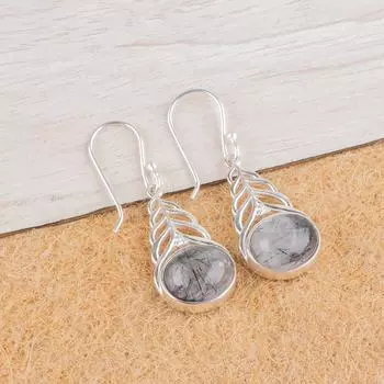 Natural Black Rutile Gemstone 925 Sterling Silver Jewelry Dangle Earrings 1.64 CE-1-26