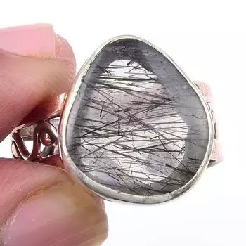 Natural Black Rutile Gemstone 925 Sterling Silver Two Tone Ring Size 8.5 T7c28