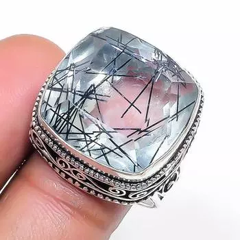 Natural Black Rutile Gemstone 925 Sterling Silver Jewelry Ring Size 8 Z6I10