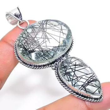 Natural Black Rutile Gemstone 925 Sterling Silver Jewelry Pendant 3.15 h3Q50