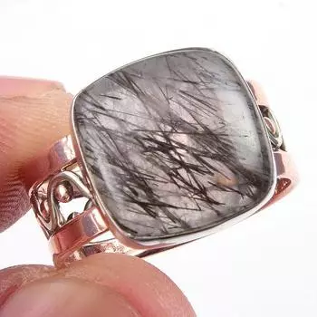 Natural Black Rutile Gemstone 925 Sterling Silver Jewelry Two Tone Ring S.8 D6S31