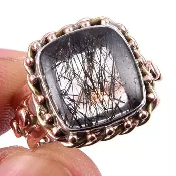 Natural Black Rutile Gemstone 925 Sterling Silver Jewelry Two Tone Ring S.8 M9M03