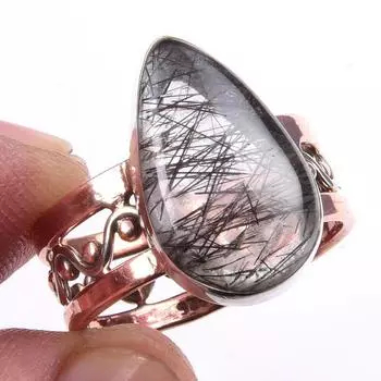 Natural Black Rutile Gemstone 925 Sterling Silver Jewelry Two Tone Ring S.9 e7w13
