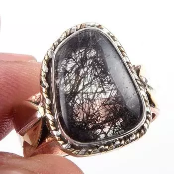 Natural Black Rutile Gemstone 925 Sterling Silver Jewelry Two Tone Ring S.7 j7k51