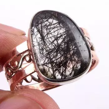 Natural Black Rutile Gemstone 925 Sterling Silver Jewelry Two Tone Ring S.9 C1f88