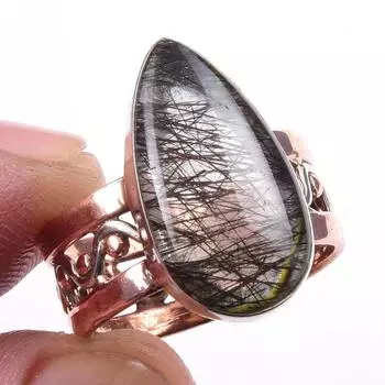 Natural Black Rutile Gemstone 925 Sterling Silver Jewelry Two Tone Ring S.7 T9H66