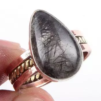 Natural Black Rutile Gemstone 925 Sterling Silver Jewelry Two Tone Ring S.9 s6P40