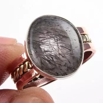 Natural Black Rutile Gemstone 925 Sterling Silver Two Tone Ring Size 7.5 B8O52