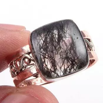 Natural Black Rutile Gemstone 925 Sterling Silver TwoTone Gift Ring S.10 r6C99