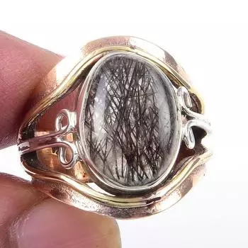 Natural Black Rutile Gemstone 925 Sterling Silver Jewelry Two Tone Ring S.5 E8g88