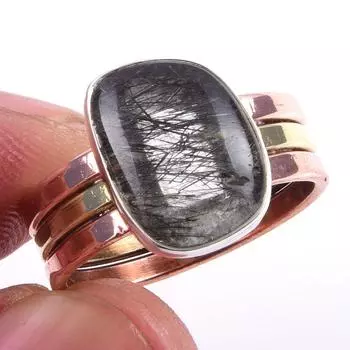 Natural Black Rutile Gemstone 925 Sterling Silver Two Tone Ring Size 8.5 p5j72