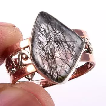 Natural Black Rutile Gemstone 925 Sterling Silver Jewelry Two Tone Ring S.9 g1v75