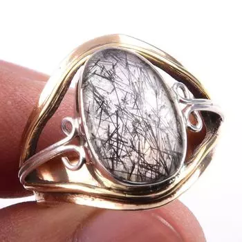 Natural Black Rutile Gemstone 925 Sterling Silver Jewelry Two Tone Ring S.9 O3n30