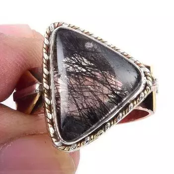 Natural Black Rutile Gemstone 925 Sterling Silver Two Tone Ring Size 7.5 Z4F20