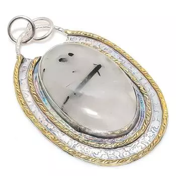 Natural Black Rutile Gemstone 925 Sterling Silver Two Tone Pendant 2.56 C0s62