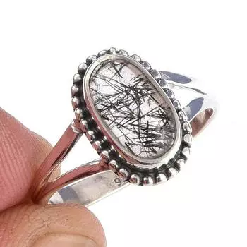 Natural Black Rutile Gemstone Handmade 925 Solid Sterling Silver Ring S.8 O9C35