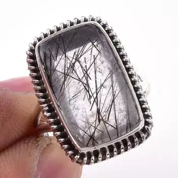 Natural Black Rutile Gemstone Handmade 925 Solid Sterling Silver Ring S.6 q4V19