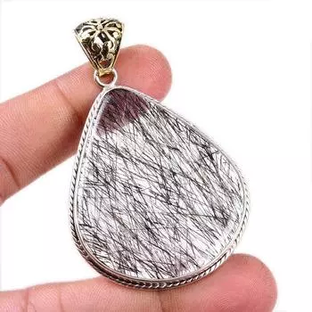 Natural Black Rutile Gemstone Handmade 925 Solid Sterling Silver Pendant 2 w8P55