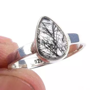 Natural Black Rutile Gemstone Handmade 925 Solid Sterling Silver Ring S.6 C3B73