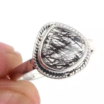 Natural Black Rutile Gemstone Handmade 925 Solid Sterling Silver Ring S.7 L7D11