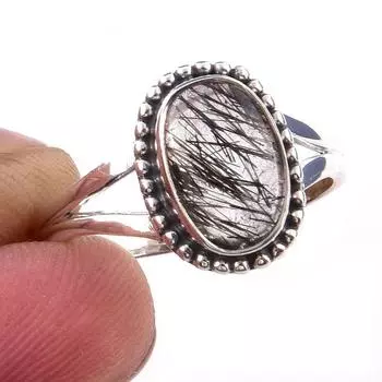 Natural Black Rutile Gemstone Handmade 925 Solid Sterling Silver Ring S.8 S8e35