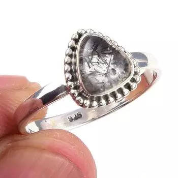 Natural Black Rutile Gemstone Handmade 925 Solid Sterling Silver Ring S.9 U8q00