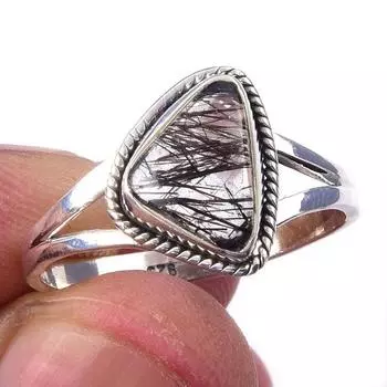 Natural Black Rutile Gemstone Handmade 925 Solid Sterling Silver Ring S.10 z3w68