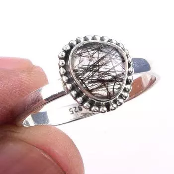 Natural Black Rutile Gemstone Handmade 925 Solid Sterling Silver Ring S.10 V5y98