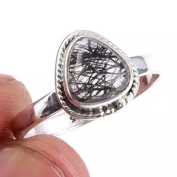 Natural Black Rutile Gemstone Handmade 925 Solid Sterling Silver Ring S.9 G8D92