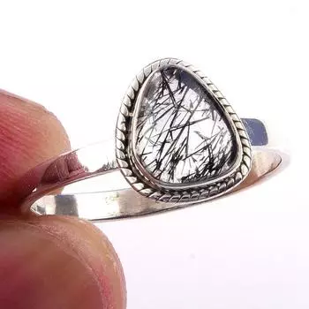 Natural Black Rutile Gemstone Handmade 925 Solid Sterling Silver Ring S.9.5 b7B13