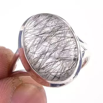 Natural Black Rutile Gemstone Handmade 925 Solid Sterling Silver Ring S.7.5 L8H59