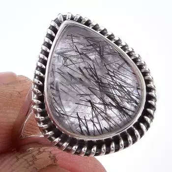 Natural Black Rutile Gemstone Handmade 925 Solid Sterling Silver Ring S.6.5 K7C80