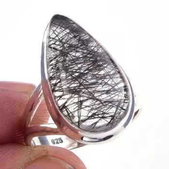 Natural Black Rutile Gemstone Handmade 925 Solid Sterling Silver Ring S.8 H3U37