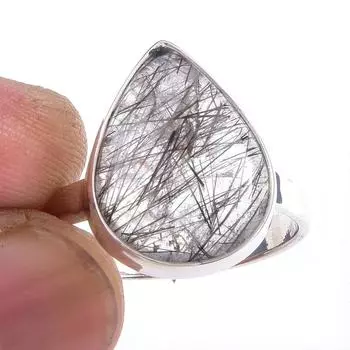 Natural Black Rutile Gemstone Handmade 925 Solid Sterling Silver Ring S.10 k0N32