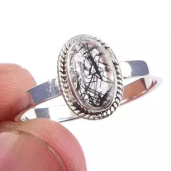 Natural Black Rutile Gemstone Handmade 925 Solid Sterling Silver Ring S.9.5 b8r99