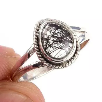 Natural Black Rutile Gemstone Handmade 925 Solid Sterling Silver Ring S.8 q5I86