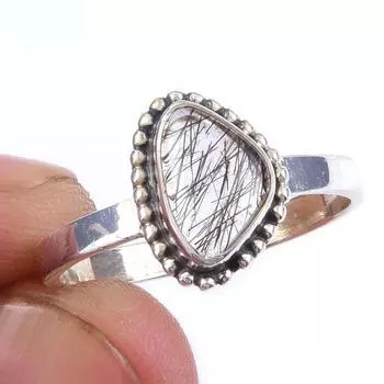 Natural Black Rutile Gemstone Handmade 925 Solid Sterling Silver Ring S.9 b9M63