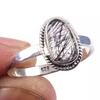 Natural Black Rutile Gemstone Handmade 925 Solid Sterling Silver Ring S.8 O6e21