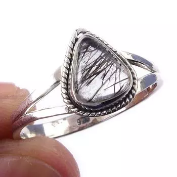 Natural Black Rutile Gemstone Handmade 925 Solid Sterling Silver Ring S.10 D2s53