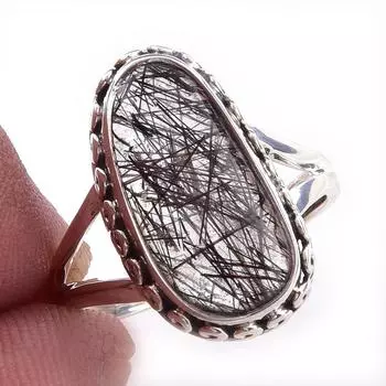 Natural Black Rutile Gemstone Handmade 925 Solid Sterling Silver Ring S.8 M2I29
