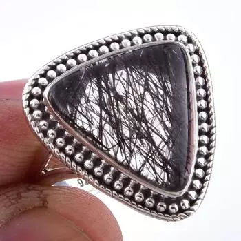 Natural Black Rutile Gemstone Handmade 925 Solid Sterling Silver Ring S.8 G2Z91