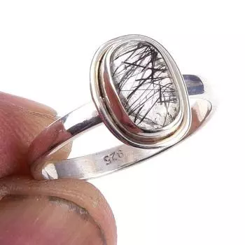 Natural Black Rutile Gemstone Handmade 925 Solid Sterling Silver Ring S.7 N2w06