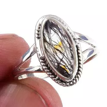 Natural Black Rutile Gemstone Handmade 925 Solid Sterling Silver Ring S.6 u1U77